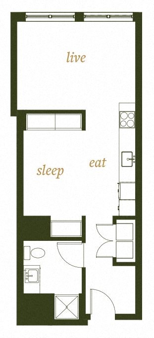 Floor plan for studio, 1 bath, 531 sqft